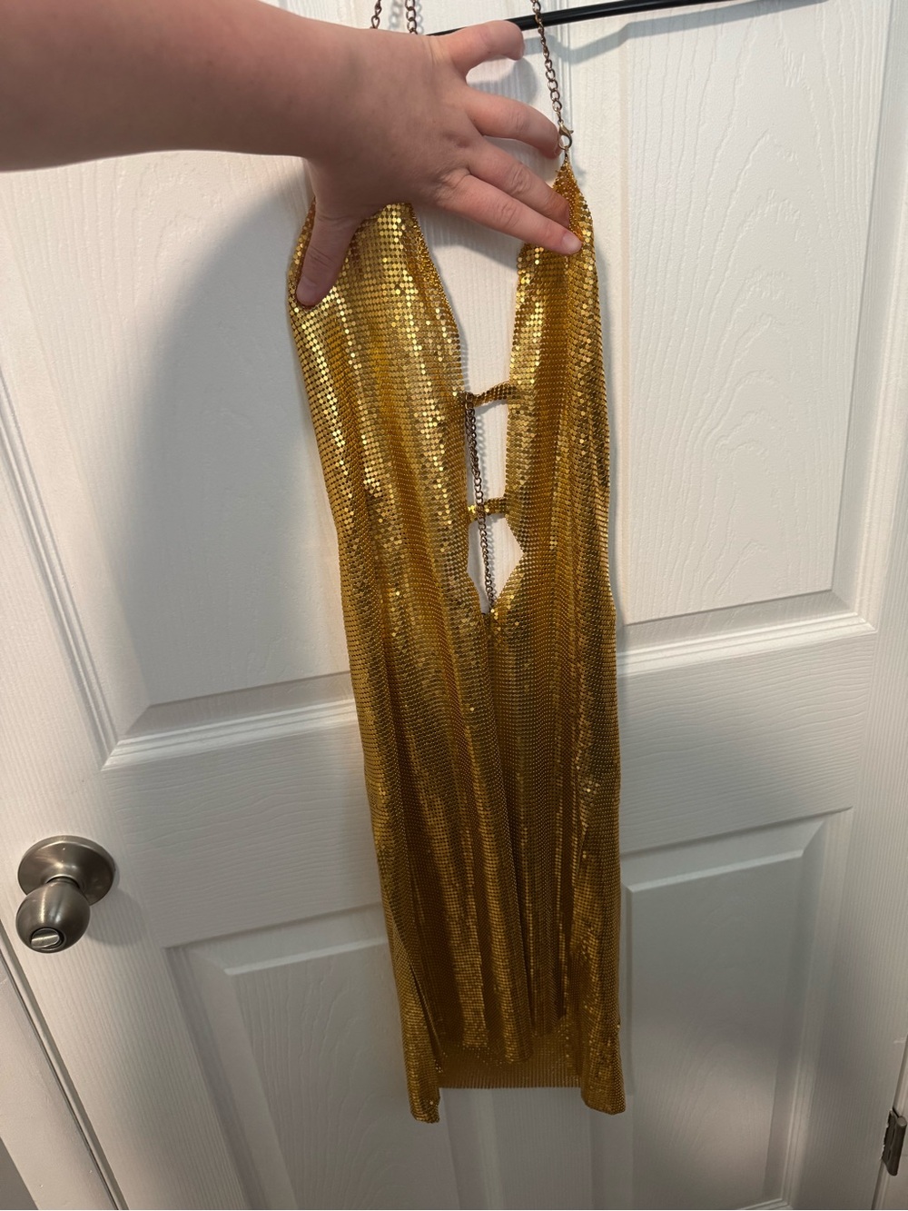 Backless Gold Sequin Party Dress with Chain Straps